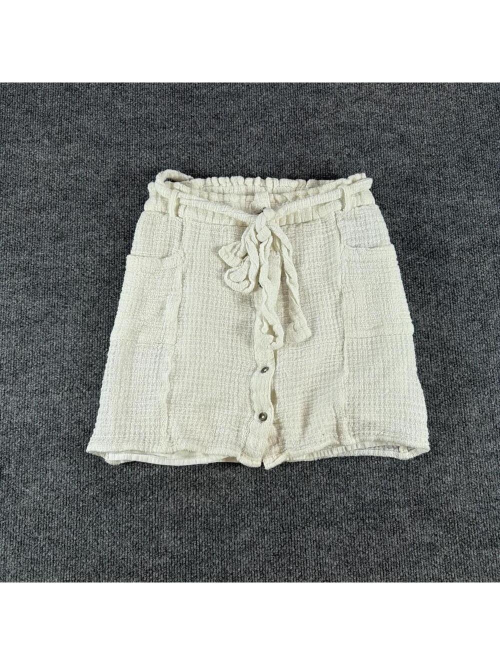 Aerie Cream Textured Mini Skirt Tie Waist‎ Button Front XS Cottage, Fairy, Light